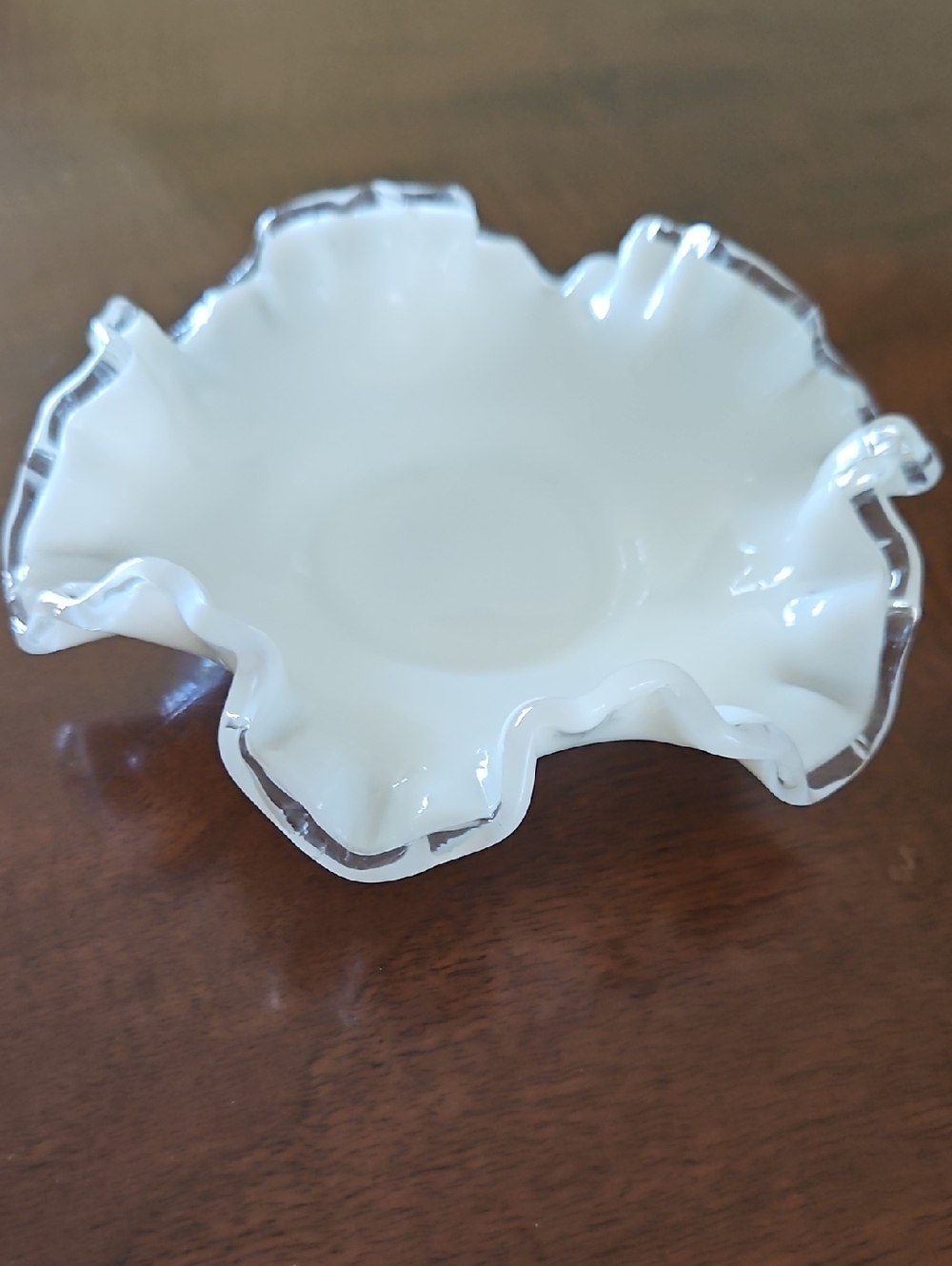 Vintage Fenton Silver Crest Ruffled Milk Glass Bowl